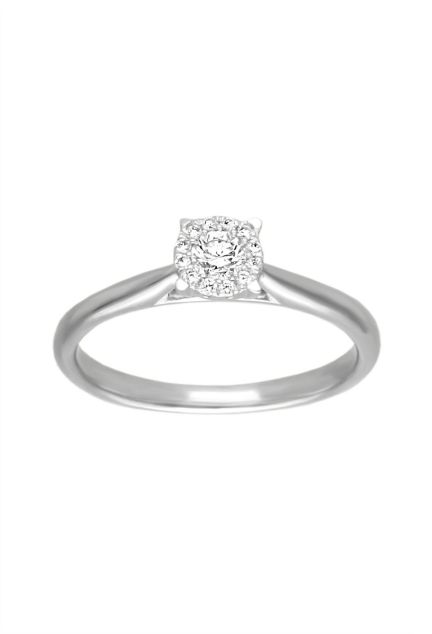 anillo compromiso oro blanco 18 kilates con brillantes roseta pequeña engaste invisible fotografia para el rubi joyeros toma frontal