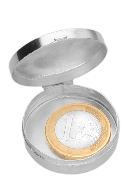 Caja pastillero plata 297_860597 pastillero plata ley forma redonda fotografia con euro dentro para poder comparar tamaño para web