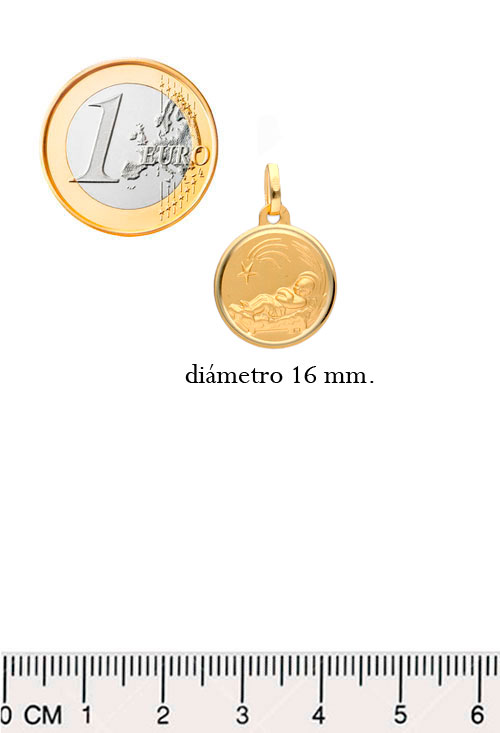 medalla oro niño en pajas oro amarillo 18 kilates foto tamaño comparado con un euro