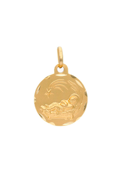 medalla oro 18 kilates niño en pajas vista frontal para joyeria online el rubi joyeros