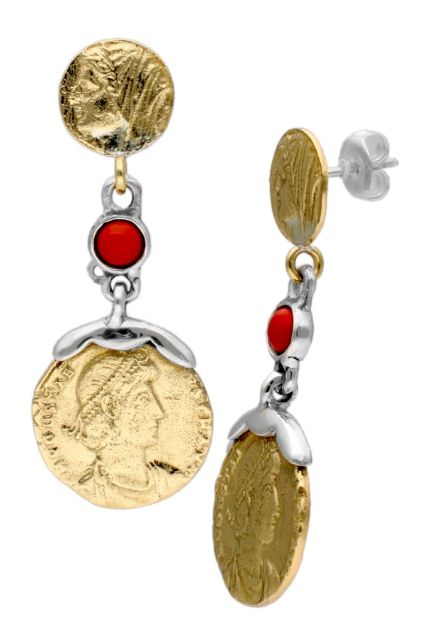 pendientes largos plata y bronce con coral fotografia para web el rubi joyeros toma frontal y lateral