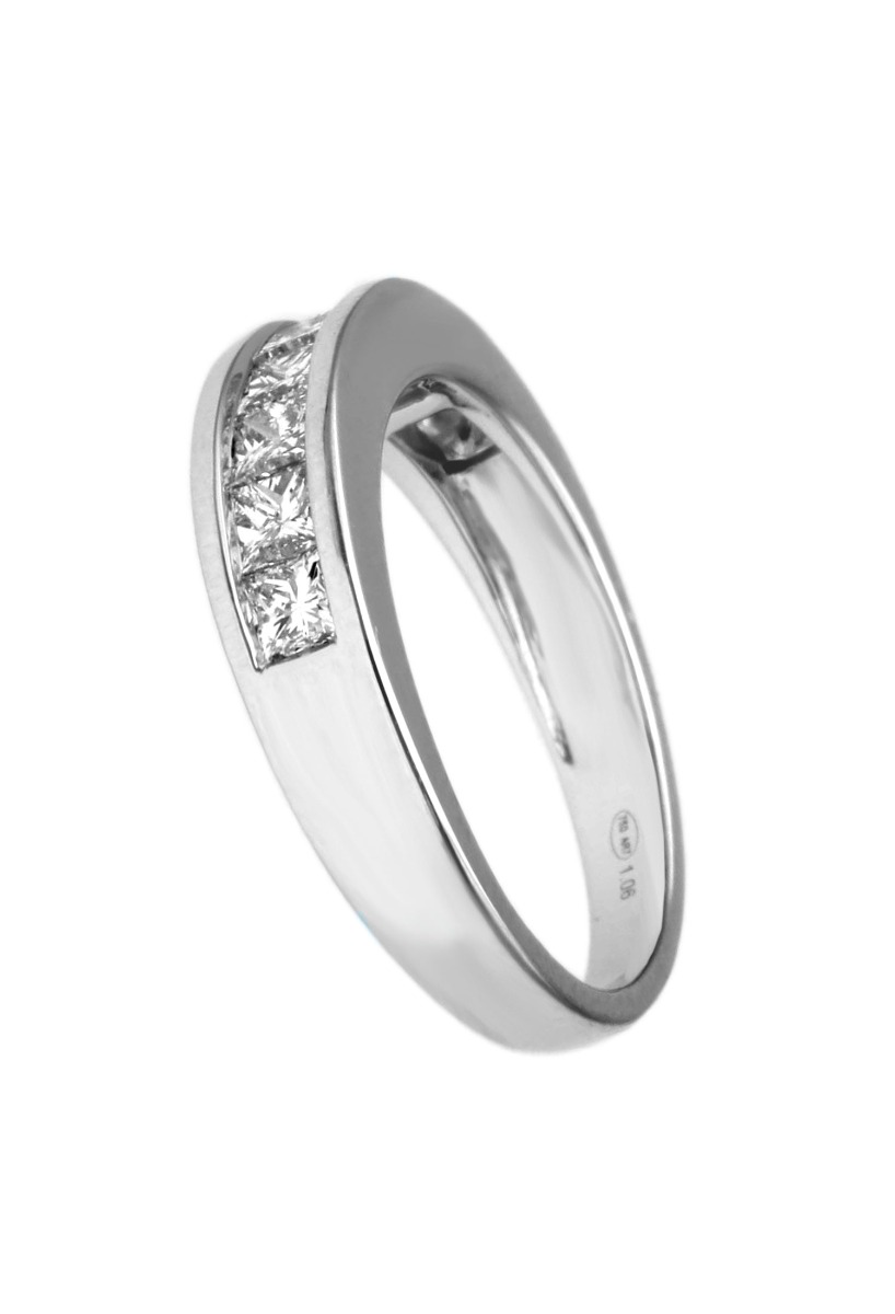 anillo compromiso oro blanco 18 kilates con diamantes talla princesa 9 piedras que pesan 1 kilate color H y pureza SI foto lateral para web