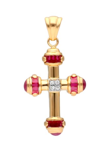 cruz oro amarillo 18 kilates con similes rojos y circonitas de 14 gramos de peso foto para web el rubi joyeros fotografia frontal