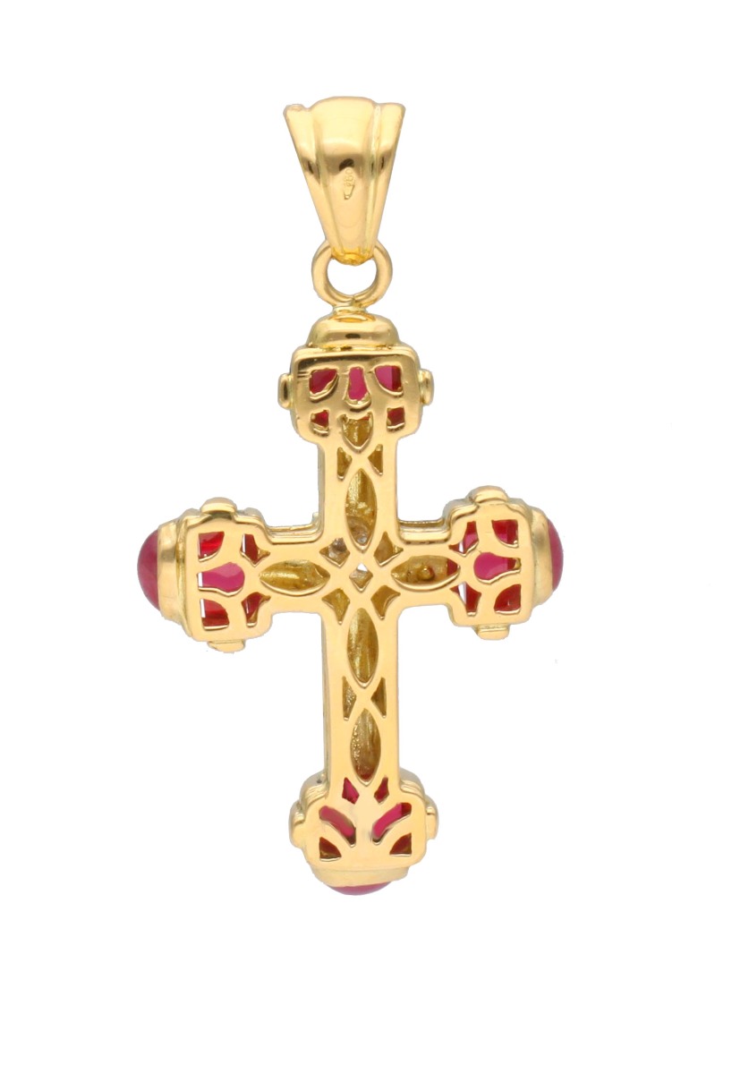 Cruz oro 18 ktes con símiles 036_X24377 cruz oro amarillo 18 kilates con similes rojos y circonitas de 14 gramos de peso foto para web el rubi joyeros fotografia trasera