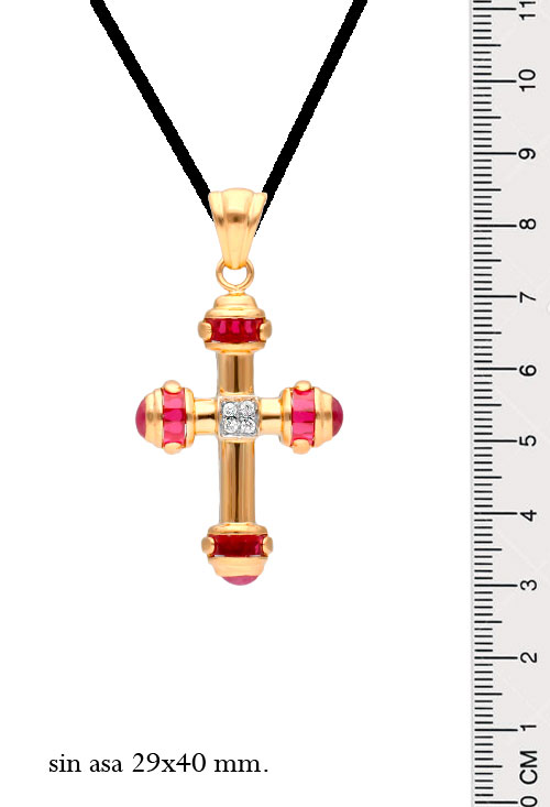 Cruz oro 18 ktes con símiles 036_X24377 cruz oro amarillo 18 kilates con similes rojos y circonitas de 14 gramos de peso foto para web el rubi joyeros fotografia con medidas en milimetros