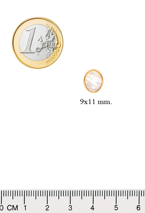 Pendientes oro 18k con nácar 030_4189-N pendientes de oro amarillo y nacar forma ovalada con sistemas de presion fotografia medida comparada con un euro para la joyeria online el rubi joyeros