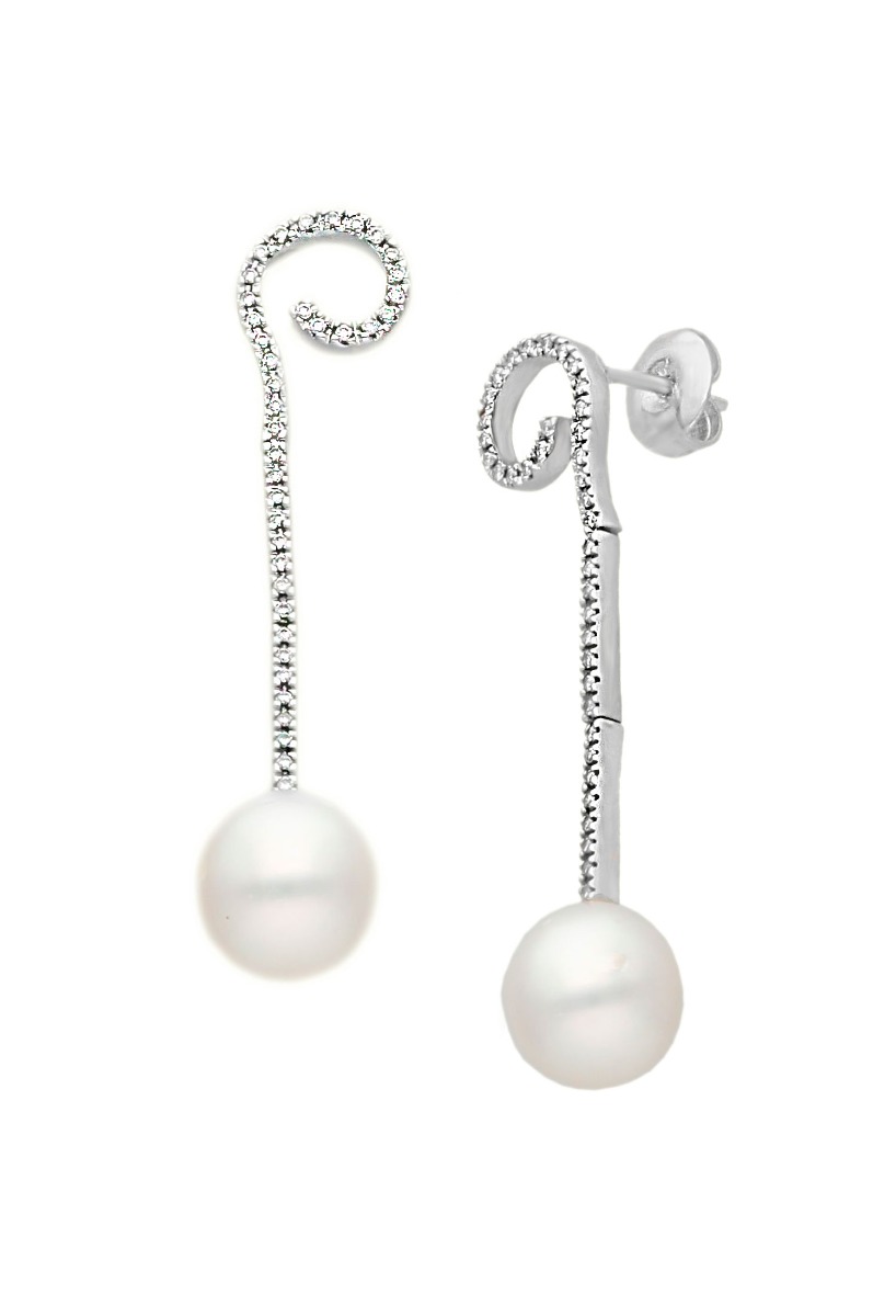 pendientes largos oro blanco 18 kilates con perlas australianas de 10 mm y diamantes, modelo de diseño fotografía para web el rubí joyeros toma frontal y lateral