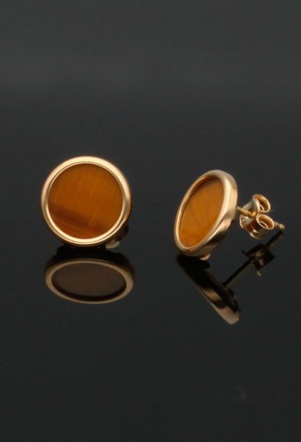 pendientes oro amarillo 18 kilates y ojo de tigre fotografia para web el rubi joyeros vista sin recortar sobre base cristal negro