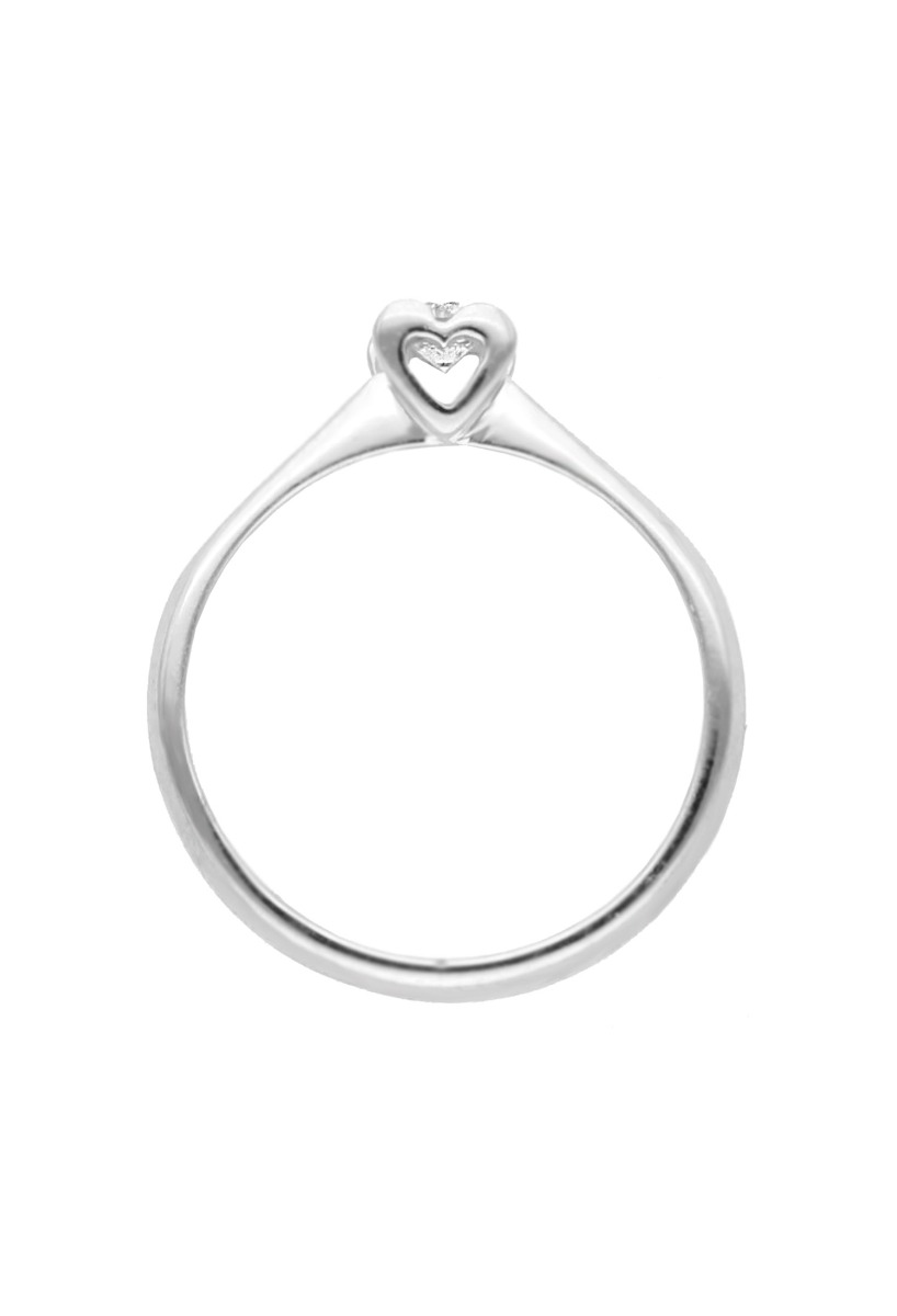 Anillo de compromiso oro blanco 18k con diamante en garra corazón 083_SOLCOR020 anillo compromiso oro blanco 18 kilates con diamante 0,20 quilates en garra de corazon fotografia cenital para joyeria online el rubi joyeros