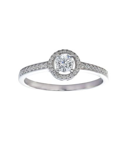 anillo compromiso oro blanco 18 ktes brillante central rodeado por una orla vista principal