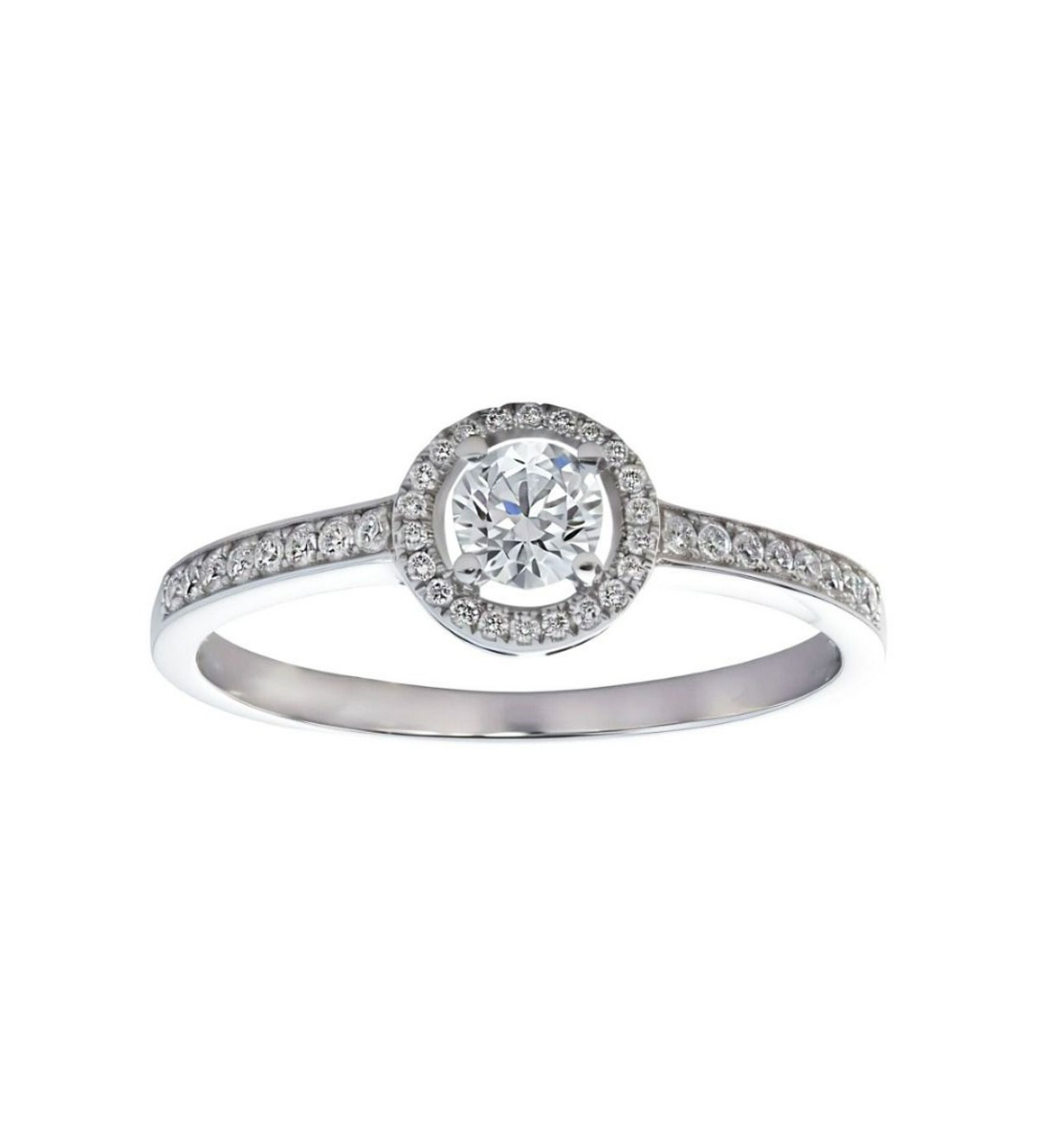 anillo compromiso oro blanco 18 ktes brillante central rodeado por una orla vista principal