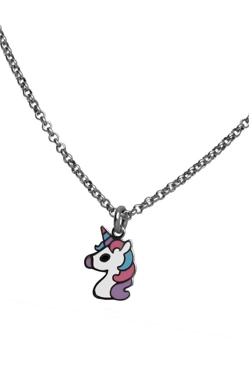 Gargantilla plata para niña motivo unicornio gargantilla plata cadena de eslabones tipo rolo y motivo unicornio esmaltado vista principal para web el rubi joyeros