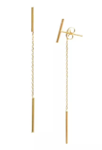 pendientes oro 18 kilates original diseño modelo largo con sistemas de presion fotografia frontal y lateral