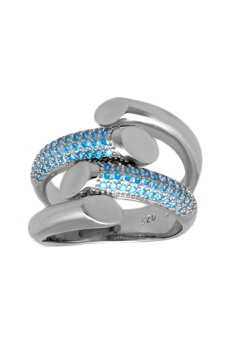 anillo de plata cuatro brazos con cuajado topacios azules foto frontal