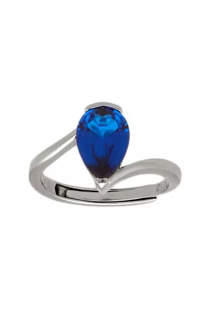 anillo de plata con simil zafiro azul talla pera fotografia frontal