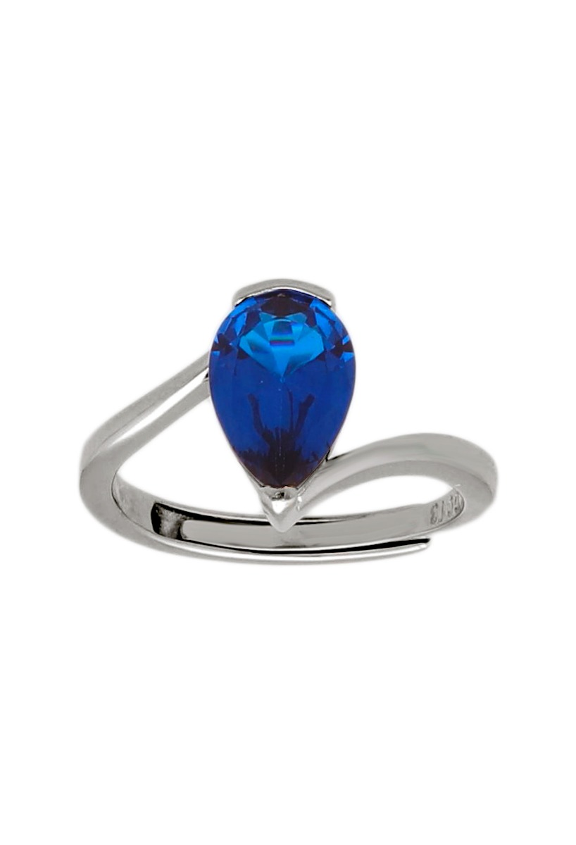 anillo de plata con simil zafiro azul talla pera fotografia frontal