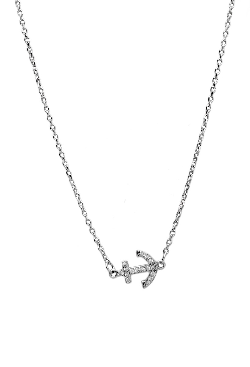 gargantilla de plata con cadena fina de eslabones y un motivo central en forma de ancla marinera con circonitas engastadas foto frontal