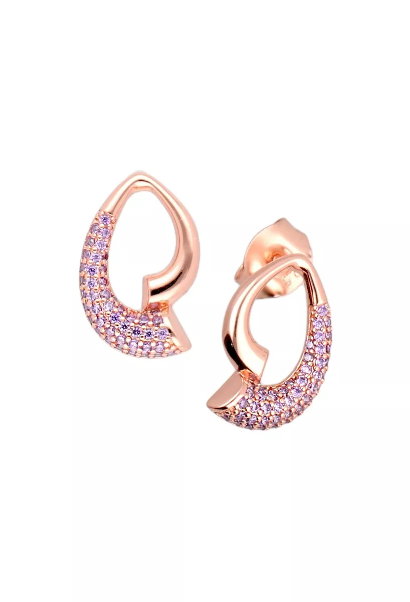 Pendientes largos plata ley ref. 252_BE54574-ROJ-AM pendientes largos de plata chapada en tono rose con cuajado de similes morados toma frontal para web vista sistema presion