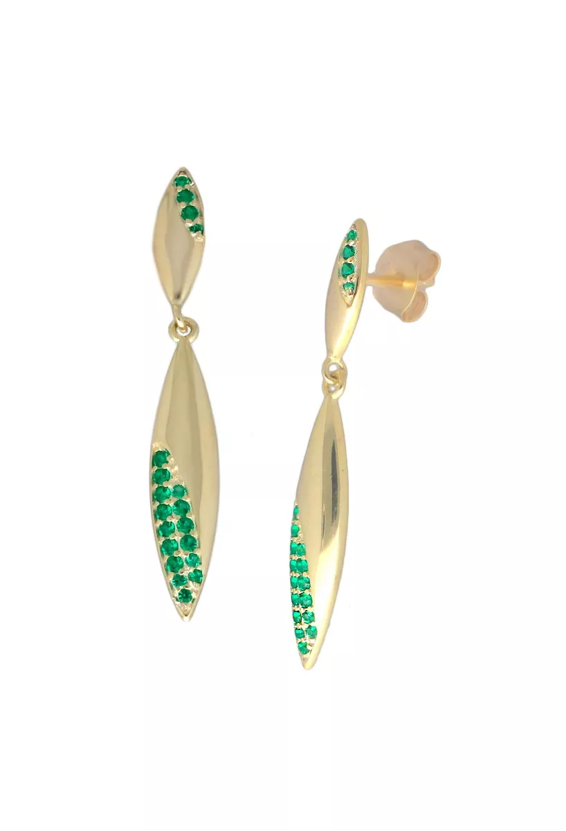 Pendientes largos plata chapada ref. 252_BE54570-AMA-ES pendientes largo de plata chapada con piedras verdes toma frontal y lateral