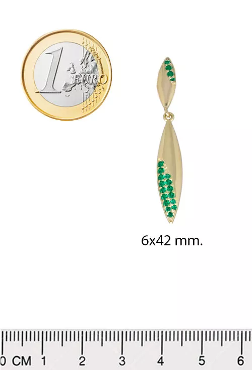 Pendientes largos plata chapada ref. 252_BE54570-AMA-ES pendientes largo de plata chapada con piedras verdes toma con medidas