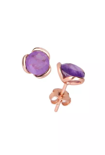 pendientes plata chapada oro rosa y amatista foto de frente y de lado