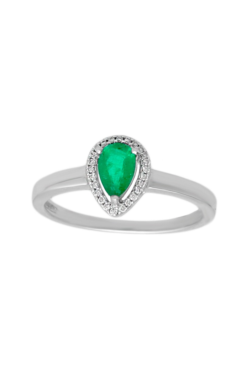 anillo oro blanco 18 kilates con esmeralda talla pera y diamantes fotografia de frente