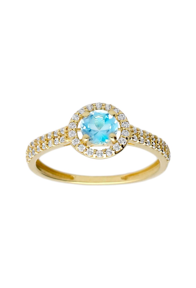 anillo oro amarillo 18 kilates con topacio azul rodeado de circonitas fotografia frontal
