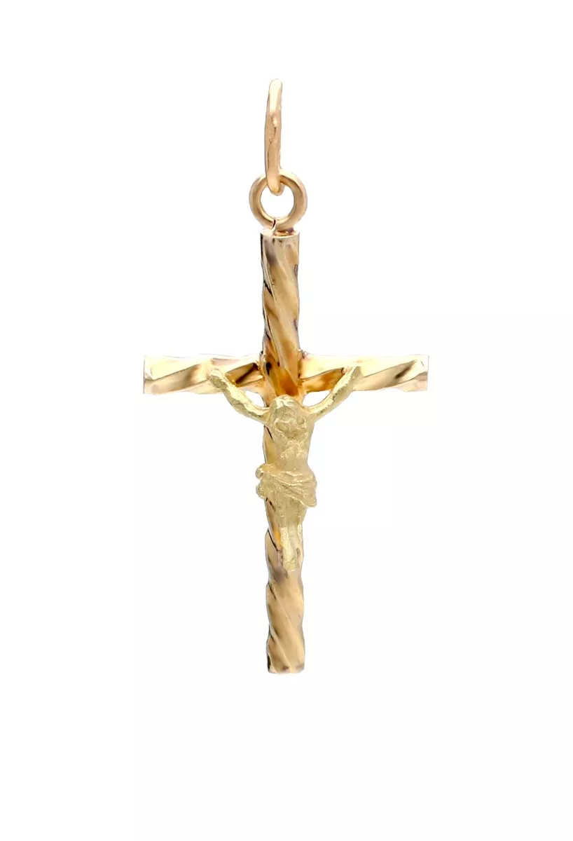 Cruz oro amarillo 18k crucifijo chanela rizada 038_LO-002-23AM cruz oro amarillo 18 ktees con Cristo foto frontal