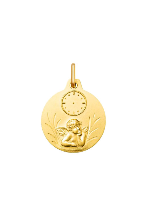 medalla oro amarillo 18 ktes angel de la guarda con reloj vista frontal