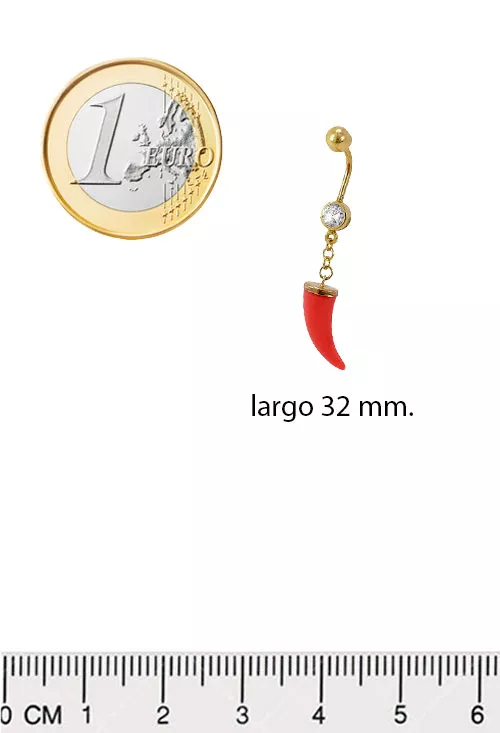 Piercing de oro para ombligo colmillo color coral rojo 140_PI-3.042-3 piercing oro amarillo 18k con circonita y colmillo de pasta rosa foto con medidas