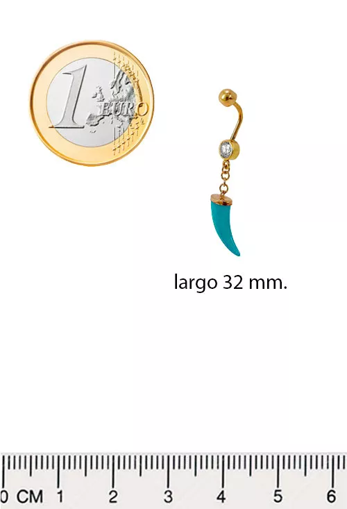 Piercing de oro para ombligo colmillo color azul turquesa 140_PI-3.042-4 piercing oro 18k con colmillo azul turquesa foto medidas