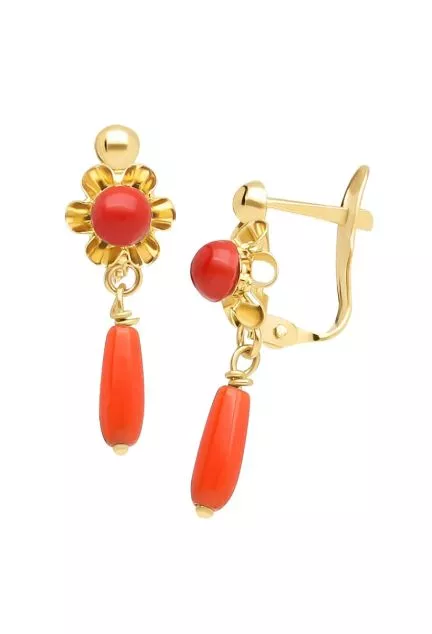 pendientes de coral fino y oro 18 ktes toma frontal y lateral