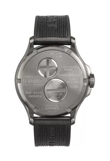 Reloj U-Boat Darkmoon con caja de acero DLC negro y correa de caucho 9018 tras