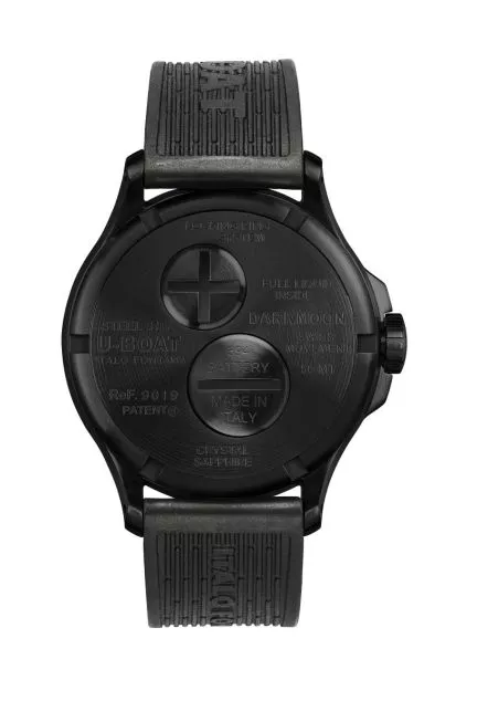 Reloj U-Boat Darkmoon con caja de acero DLC negro y correa de caucho 9019 tras