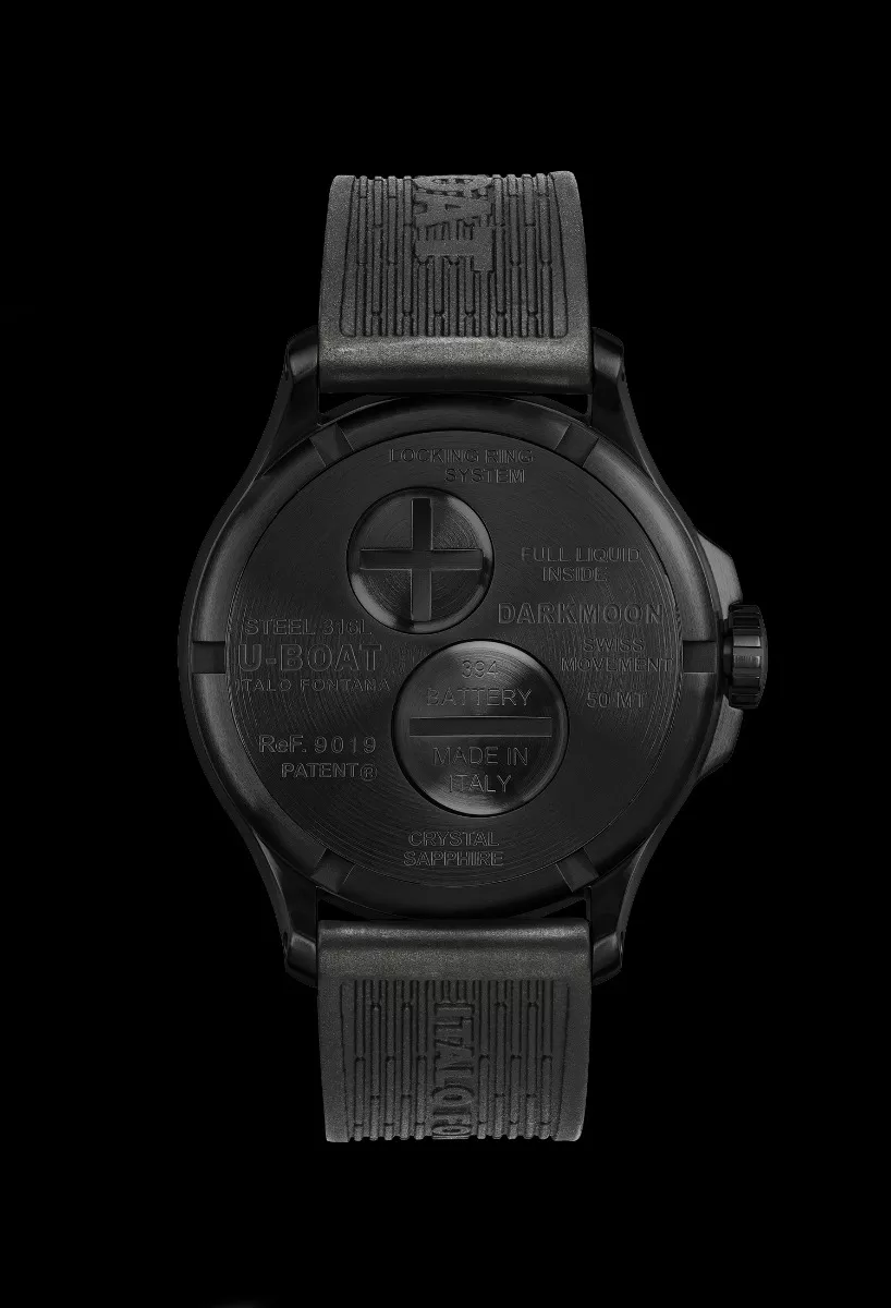 Reloj U-Boat Darkmoon con caja de acero DLC negro y correa de caucho 9019 fn tras