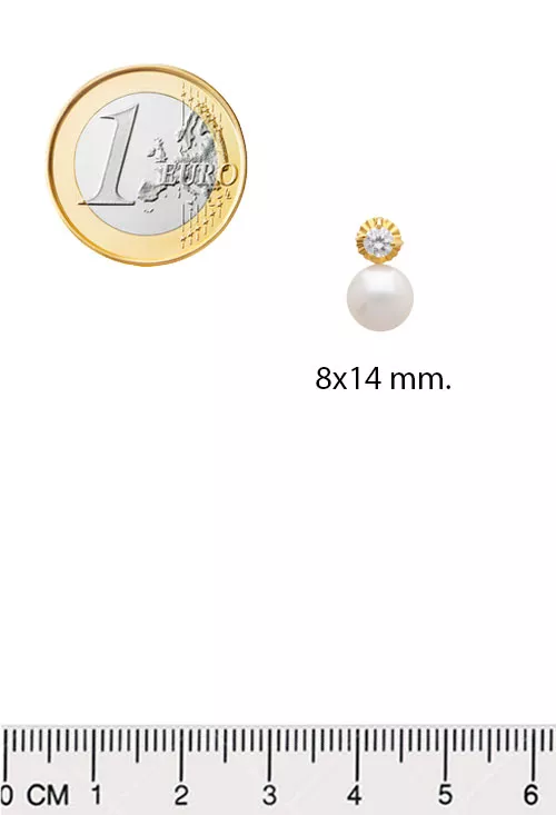 pendientes de oro amarillo 18 ktes con perla cultivada y circonita vista medidas