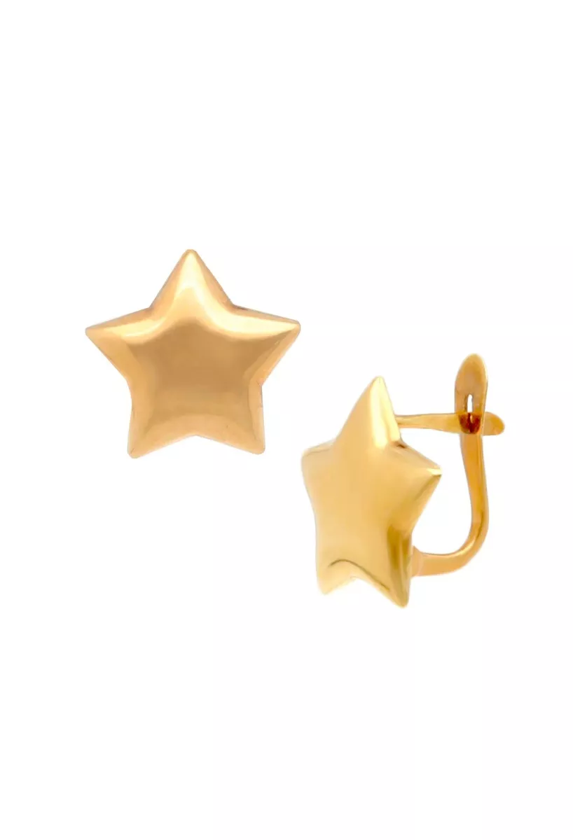 Pendientes oro amarillo 18k forma de estrella. 025_B-02634 pendientes oro amarillo 18 ktes forma de estrella cinco puntas con volumen foto frontal y lateral