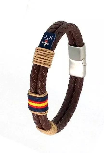 Pulsera de doble aro en piel trenzada marrón 126-3I-1B