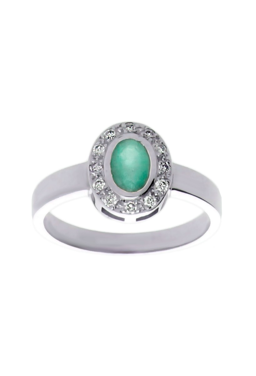 anillo oro blanco 18 ktes con esmeralda y diamantes vista frontal