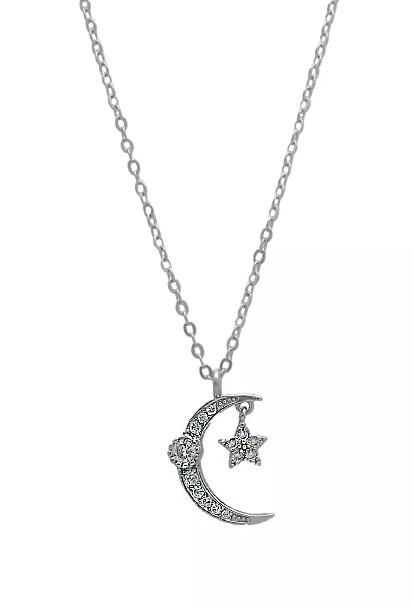 Gargantilla plata de ley luna y estrella 240_GR-2443 gargantilla de plata motivo luna y estrella vista frontal