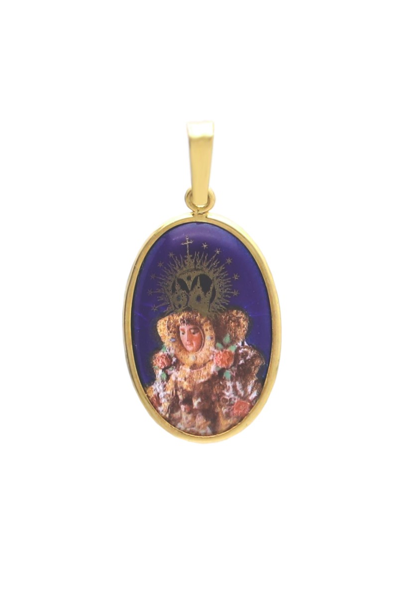 medalla oro amarillo 18k con imagen esmaltada a fuego de la virgen del rocio foto principal en la parrilla de la web el rubi joyeros