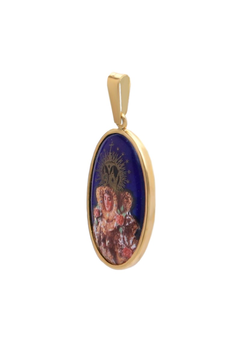 medalla oro amarillo 18k con imagen esmaltada a fuego de la virgen del rocio foto toma lateralen la parrilla de la web el rubi joyeros