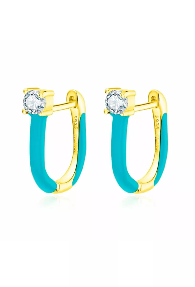 Pendientes de plata de ley chapada y esmalte azul turquesa con circonita 280_2140624-Y Pendientes de plata de ley chapada y esmalte azul turquesa con circonita 280_2140624-Y