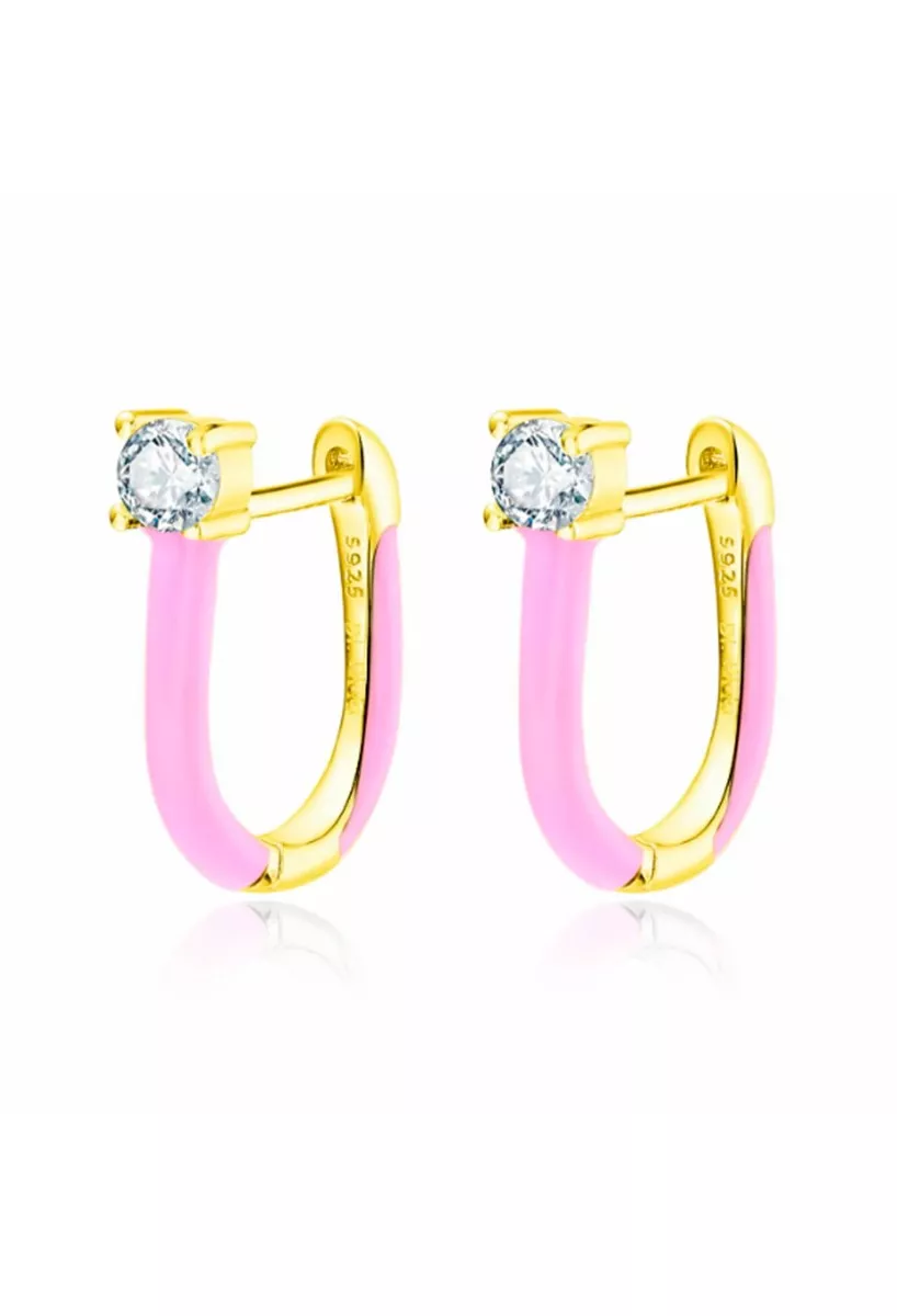 Pendientes de plata de ley chapada y esmalte en color rosa con circonita 280_2140623-Y Pendientes de plata de ley chapada y esmalte en color rosa con circonita 280_2140623-Y