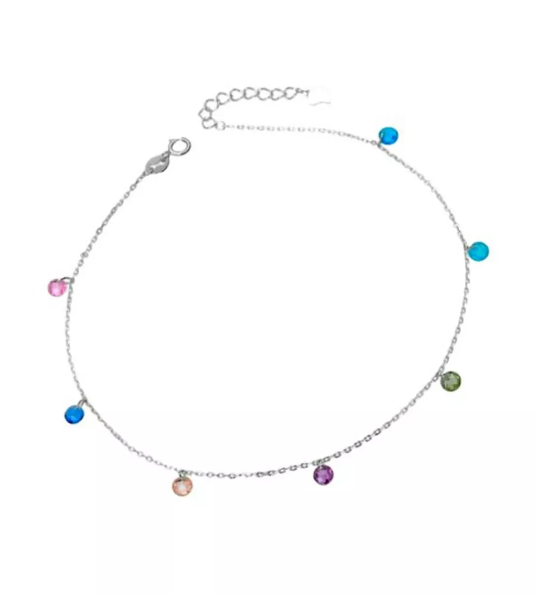 tobillera de plata con fetiches de color
