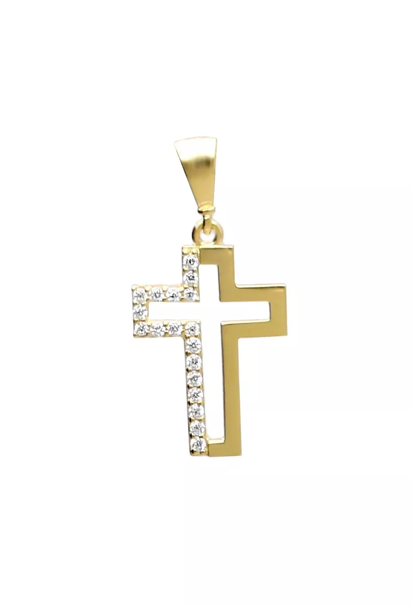 cruz de oro amarillo con circonitas vista frontal