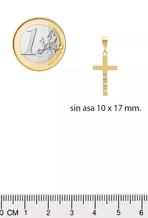 Cruz oro amarillo 18k con 3 circones 243_636-10096 cruz oro amarillo 18 kilates con tres circonitas fotografia medidas