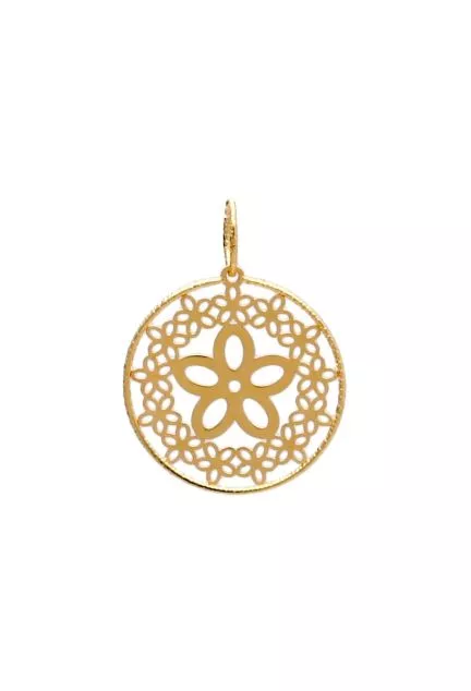 colgante oro amarillo 18 ktes. forma circular calada con dibujos de flores toma frontal