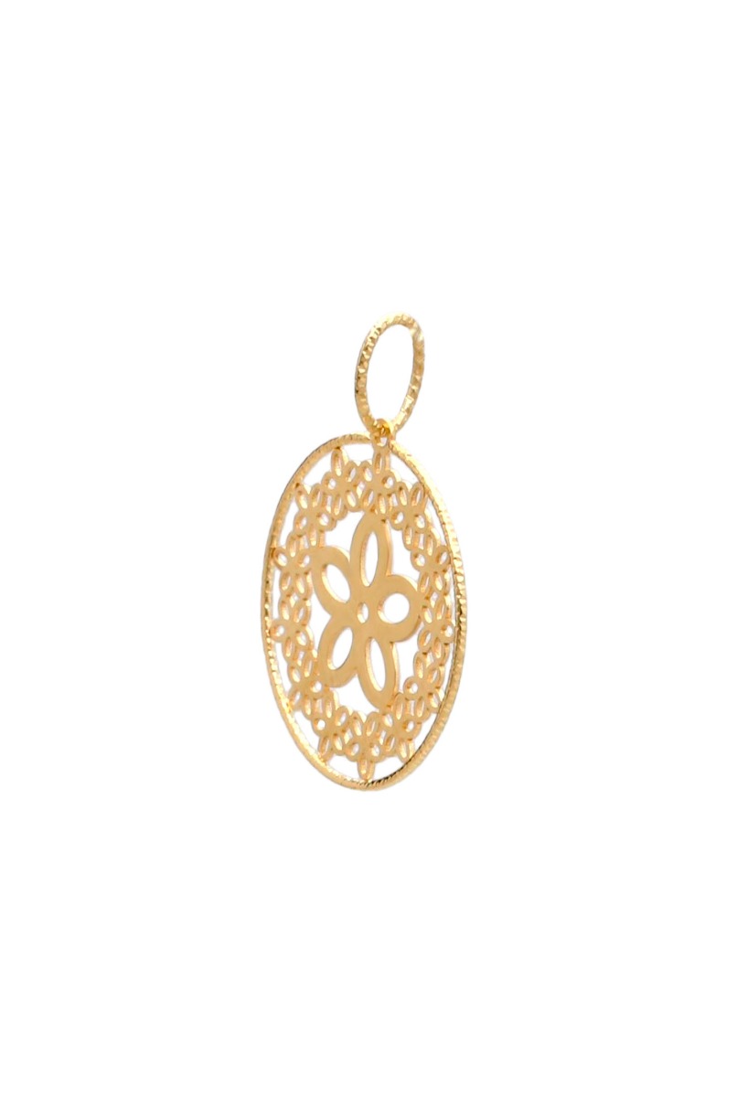 colgante oro amarillo 18 ktes. forma circular calada con dibujos de flores toma lateral