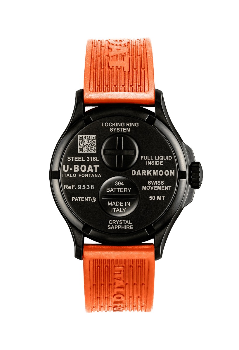 Reloj U-Boat Darkmoon BK Orange caja acero PVD correa silicona 9538 trasera